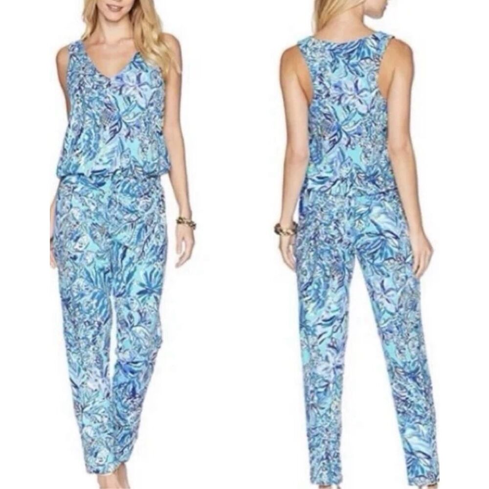 Lilly Pulitzer Paulina Blue V-Neck Sneak a Beak Drawstring Jumpsuit Size XS